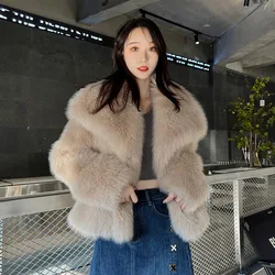 Winter Luxury Cropped Lapel Faux Fur Coat Full Sleeve Loose Warm Shaggy Faux Fur Fluffy Jacket Short Loose Coat Girls Overcoat