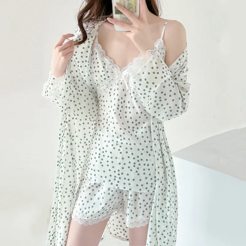 

New Summer Female 3PCS Pajamas Set Sexy Print Dot Lace Kimono Bathrobe Strap Top&shorts Suit Loose Silk Satin Sleepwear Homewear