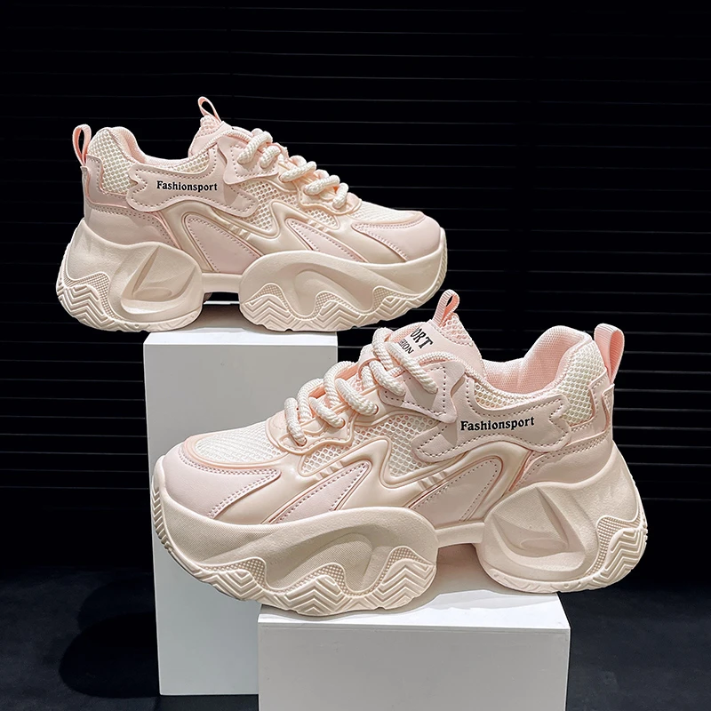 

Air Mesh Vulcanized Summer Platform Hollow Casual Genuine Leather Chunky Sneakers Breathable Hidden Heels Shoes Womens Shoes