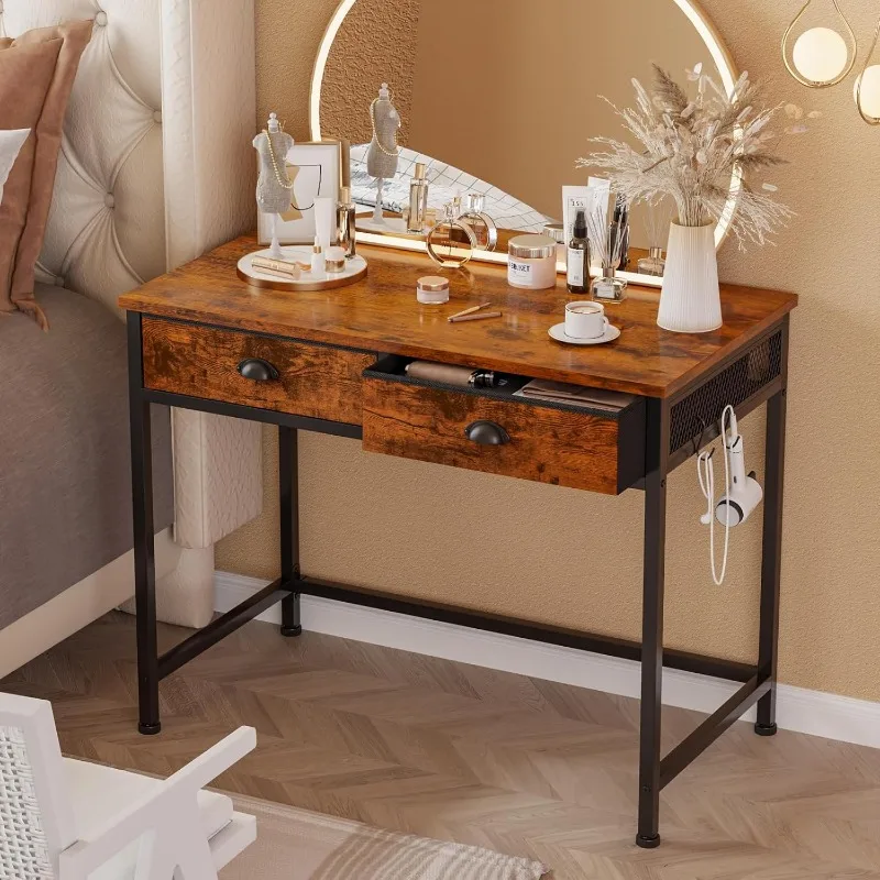 Computer Desk with 2 Fabric Drawers, 36 Inch Small Home Office Writing Desk, Vanity Desk with Hooks, Simple Study Desk 6