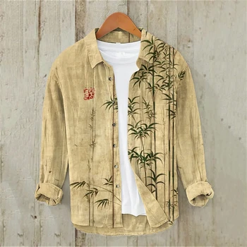Men's Long Sleeve Shirt Linen Shirt Japanese Fashion Art Bamboo Illustration High Quality Large Size Men's Clothing