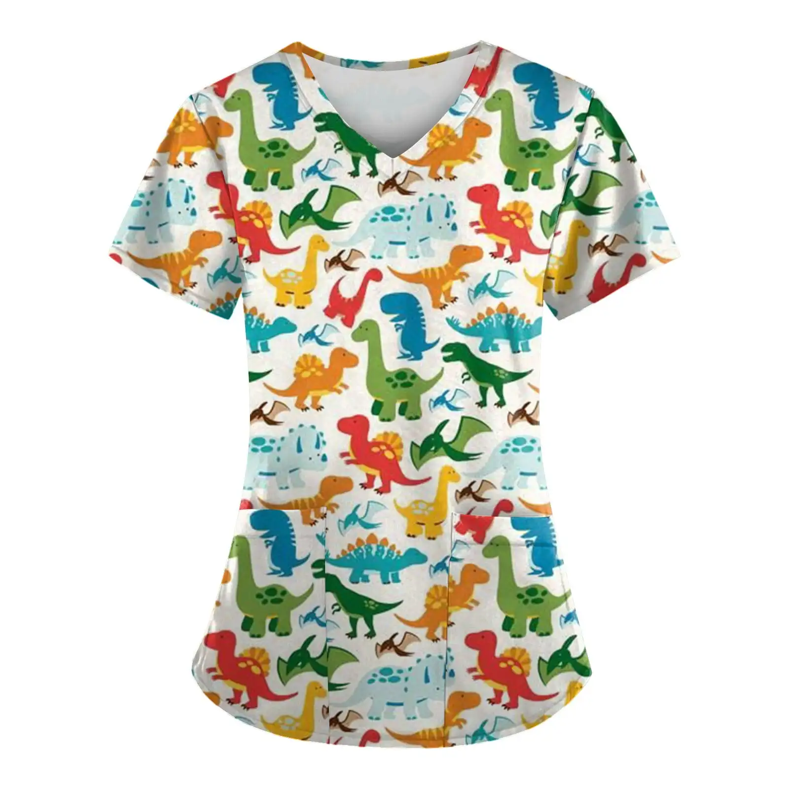Uniformes quirúrgicos para mujer, estampado de dibujos animados de dinosaurios, camisetas de enfermería para el cuidado de la salud, cuello en V, microelástico, manga corta, uniforme clínico para muje