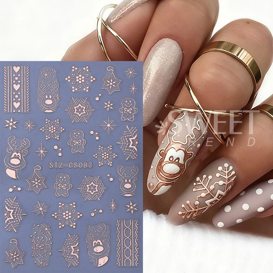 2pcs Christmas Nail Art Stickers 3D White Rose Gold Elk Snowflake Gingerbread Winter Nail Decals Sliders DIY Manicure Decoration