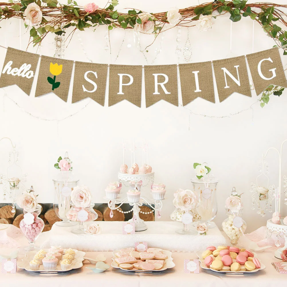 

Hello Spring Letters Bunting Banner Decorative Burlap Banner Party Supplies for Party Festival Celebration
