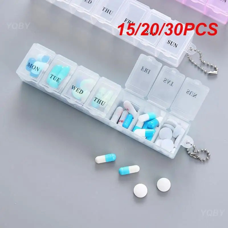 휴대용 플라스틱 알약 상자, 정교한 3 색 플라스틱 7 작은 알약 보관 상자, 약물 분리 알약 케이스, 15, 20, 30 개