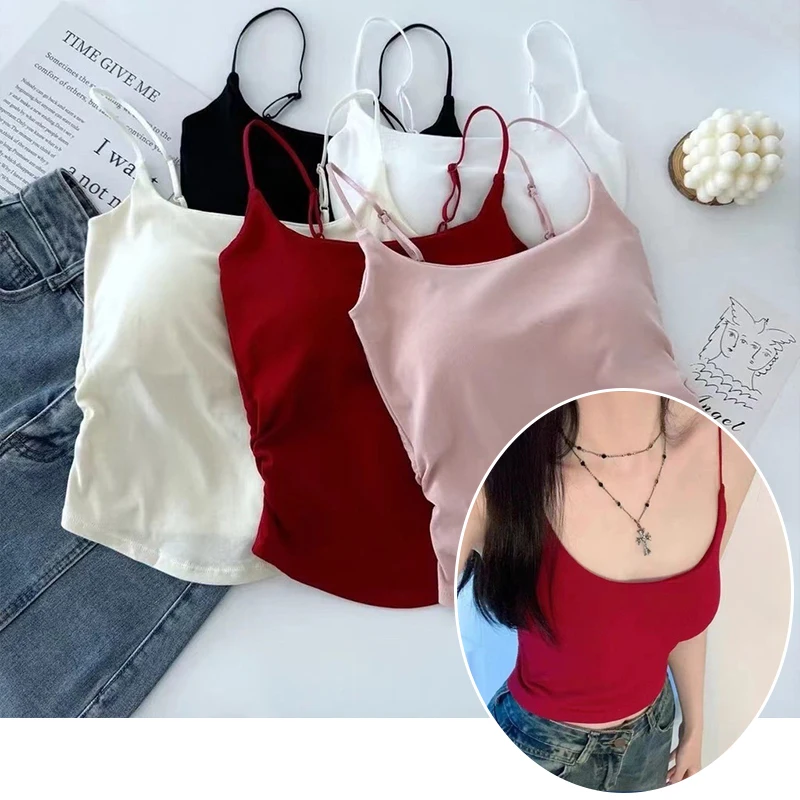 Women Tank Tops Women Camisole Pleated Backless Adjustable Shoulder Straps Tank Top With Chest Pad