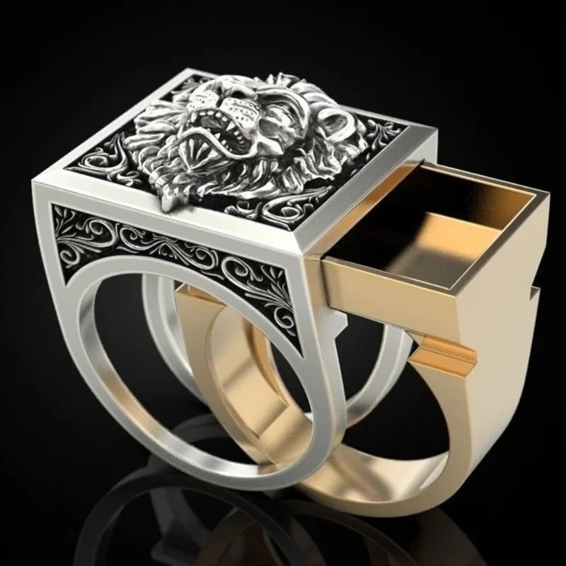 Fashion Punk Domineering Lion Head Men's Ring Creative Storage Finger Link Day Friendship Jewelry
