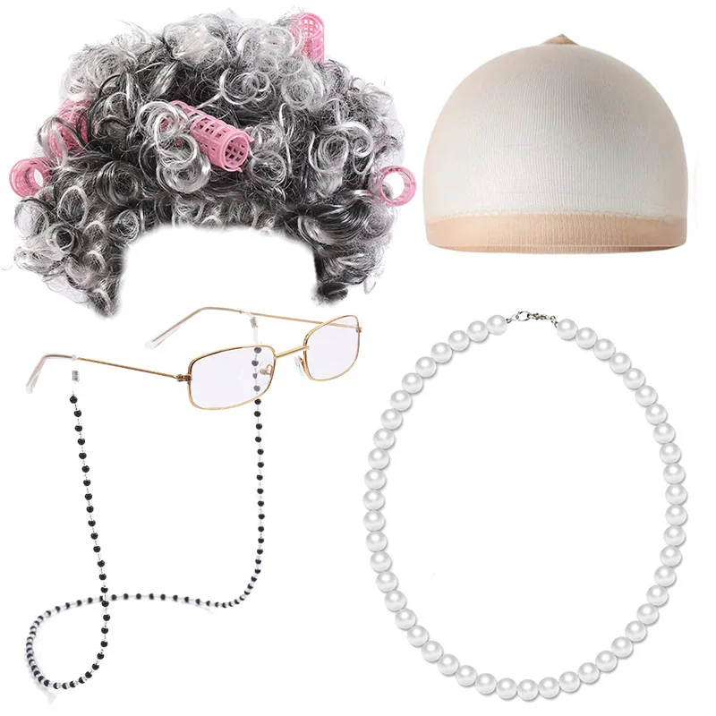 Old Lady Costume Women Kids Girls Adults 100 Day Of School Dress Up Grandma Grey Wig Granny Glasses Halloween Cosplay Accessory