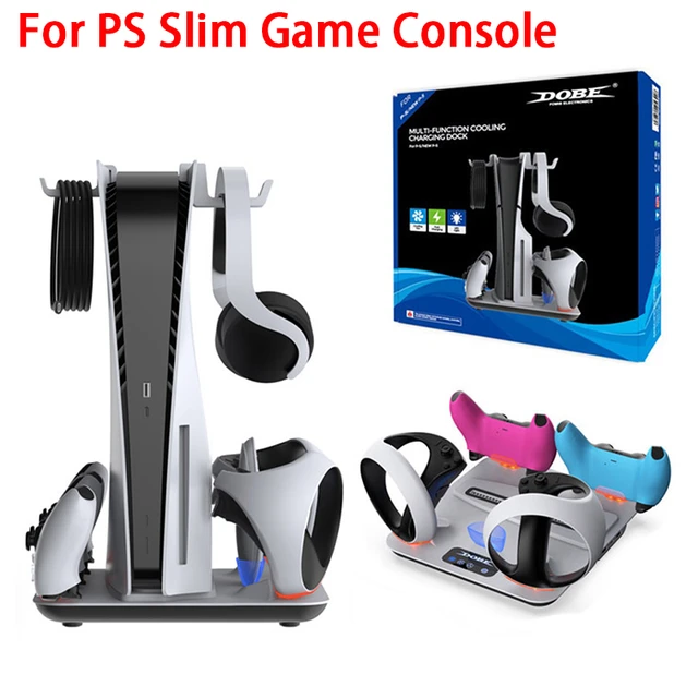  FONGWAN PS5 Slim Vertical Stand with Cooling Fan and Dual  Controller Charger Station for Playstation 5 Slim Console, PS5 Slim Stand  with Headset Holder, Media Slot, Compatible with PS5 Slim Console 