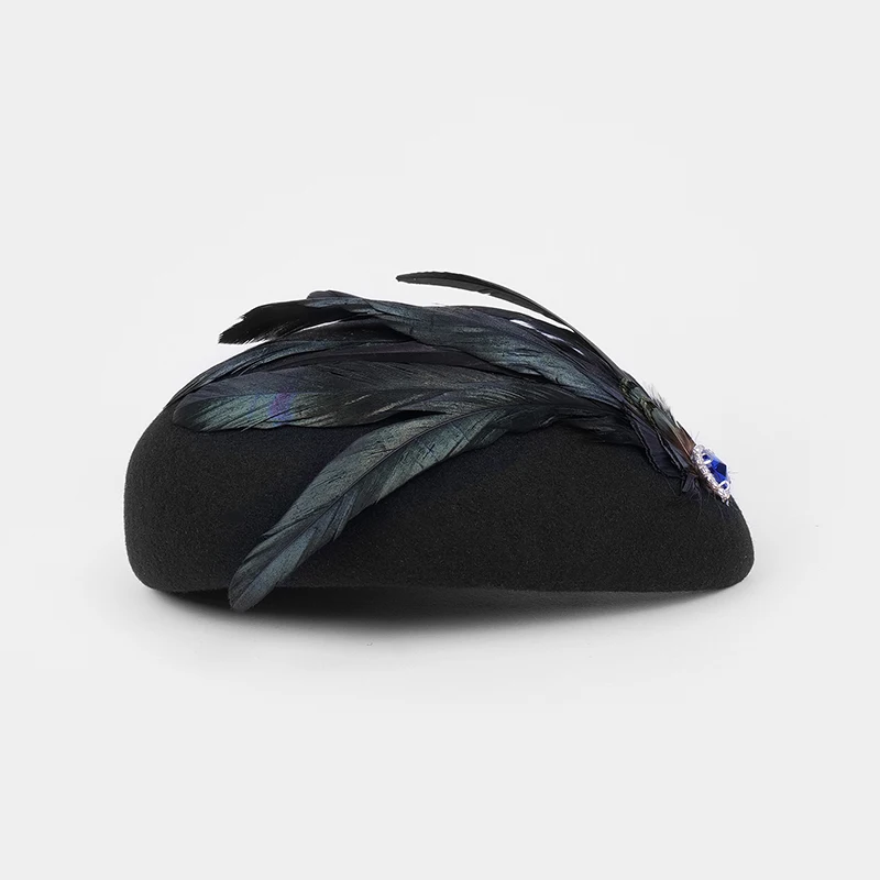 Königsblaue Baskenmütze aus Wollfilz für Damen, elegante Hut für Kirche, Cocktailparty, Fedoras mit Feder, Hochzeits-Fascinator – Detail 6