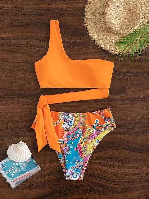 2023 New Push Up Single Shoulder Stripe Women Bikini Set High Cut Printed Bottom Padded Swimwear Summer Beachwear Bathing Suit