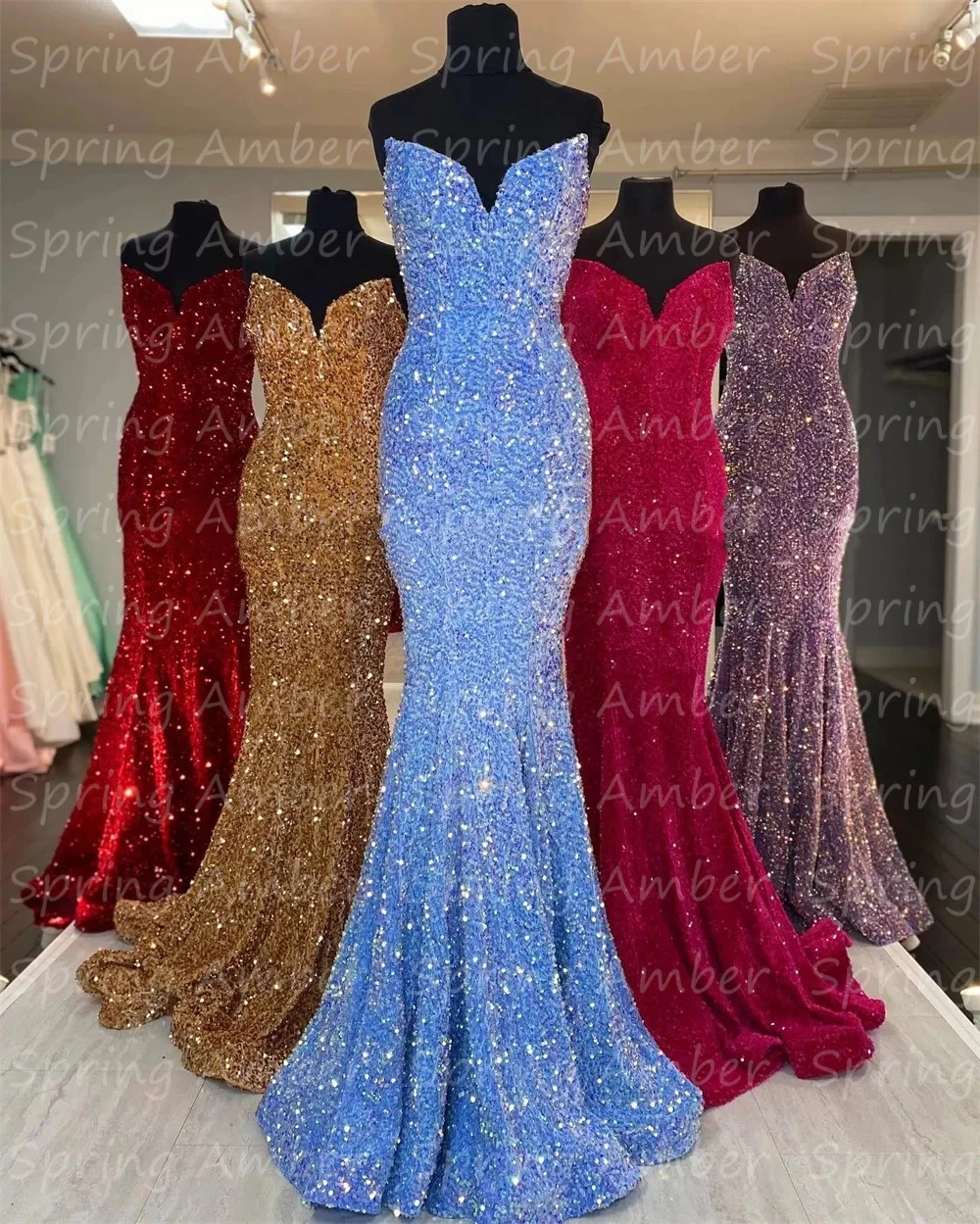 

New In Sweetheart Prom Evening Dresses Mermaid Sequin Lady Pageant Gown Glitter Long Formal Occasion Party Women Robes De Soiré