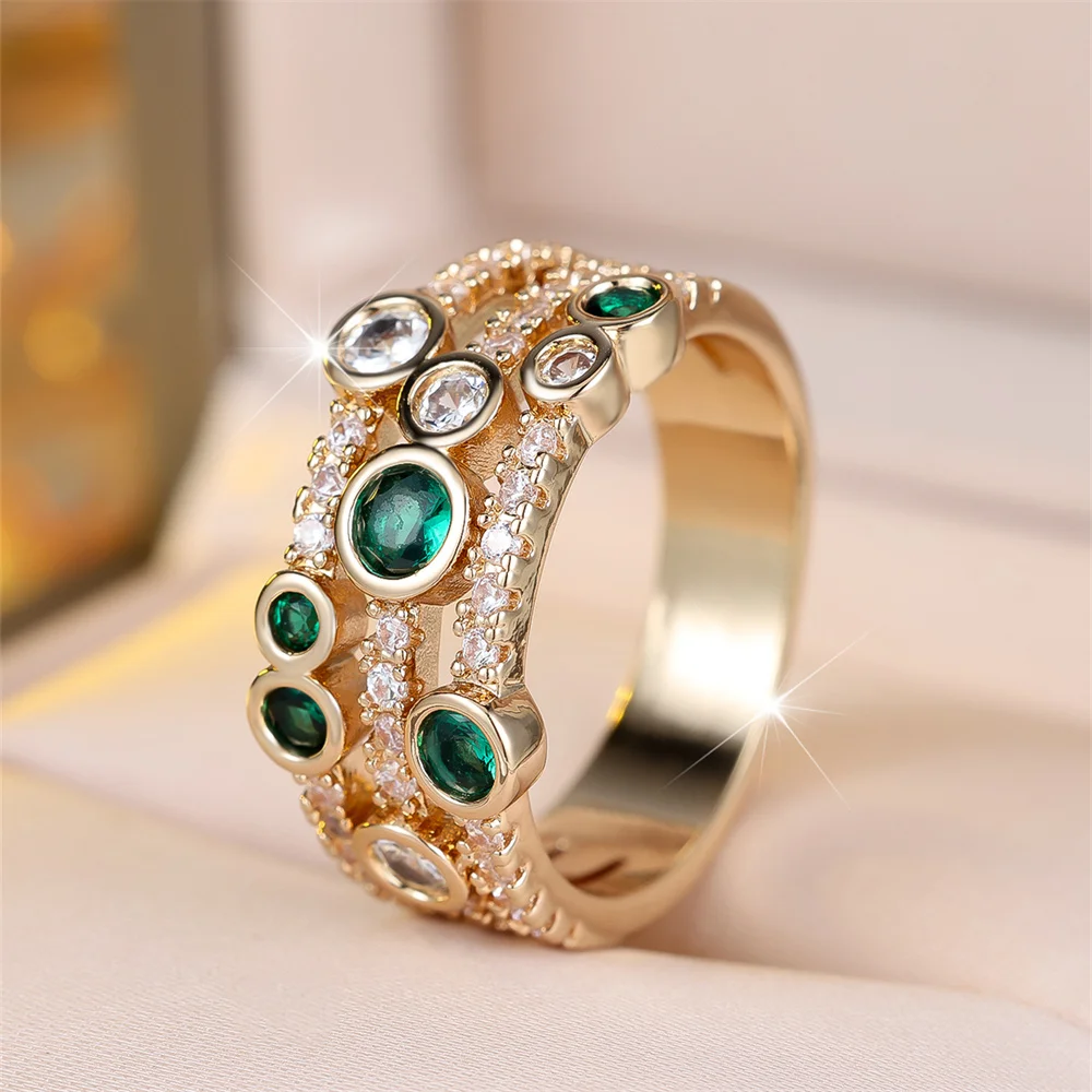 Green Zircon Round Stone Three Layers Rings For Women Vintage Gold Color Engagement Ring Wedding Jewelry Bridal Versatile Gifts