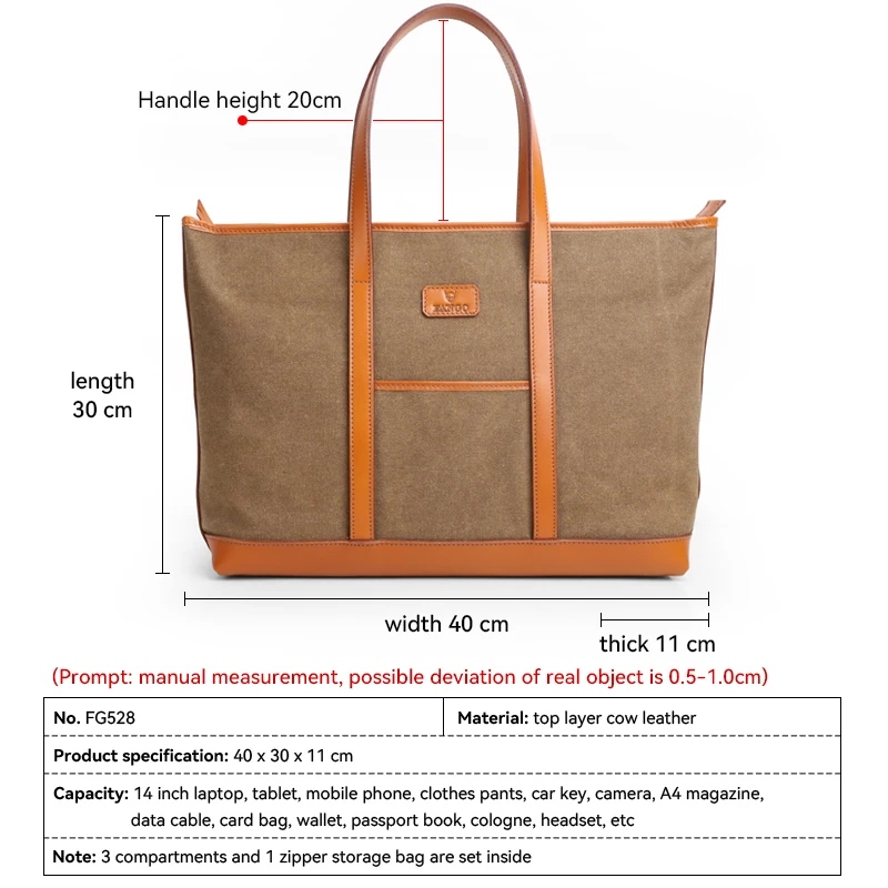 Retro Canvas Bag Handmade Genuine Leather Briefcase Travel Suitcase Tote Bags For Men Large Capacity Business Laptop Handbag