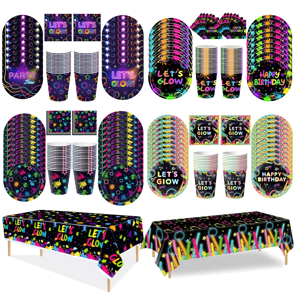 80er 90er Jahre Thema Einweggeschirr Pappteller Tassen Servietten Tischdecke Neon Thema Disco Musik Thema Party Dekor Zubehör
