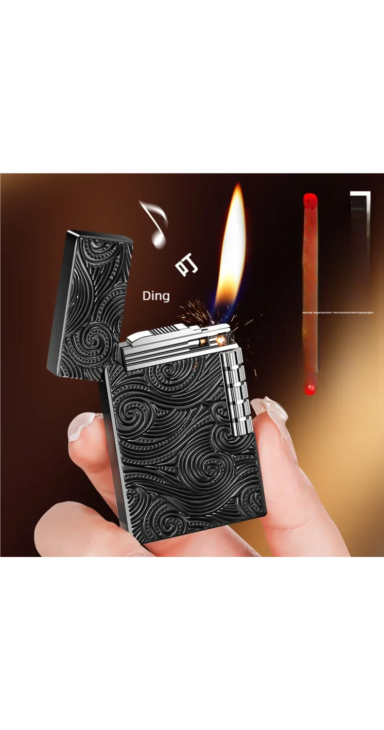 Langsheng Steel Sound Side Sliding Grinding Wheel Inflatable Oblique Fire Lighter Elegant Open Flame High end Gift Lighter