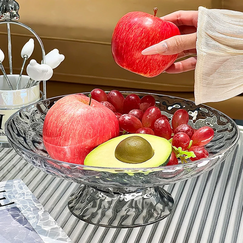 1PC Modern Style Fruit Tray Transparent Ripple Round Drain Fruit Basket Kitchen Counter Table Centerpiece Decorative Home Decor 4