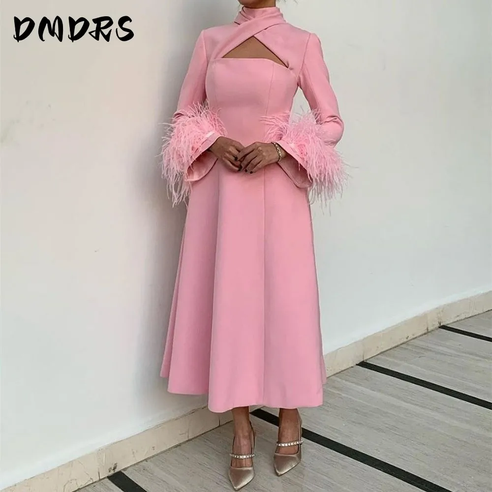 

Short Pink Crepe Evening Dresses With Feathers فساتين سهرة Long Sleeve Halter Tea Length Prom Dresses Party Women