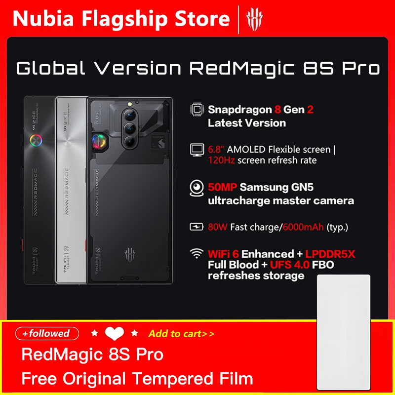 글로벌 버전 Nubia Redmagic 8S Pro 5G 휴대폰, 6.8 인치 120Hz AMOLED 스냅드래곤 8 Gen 2 옥타 코어 65W 초고속 충전 NFC