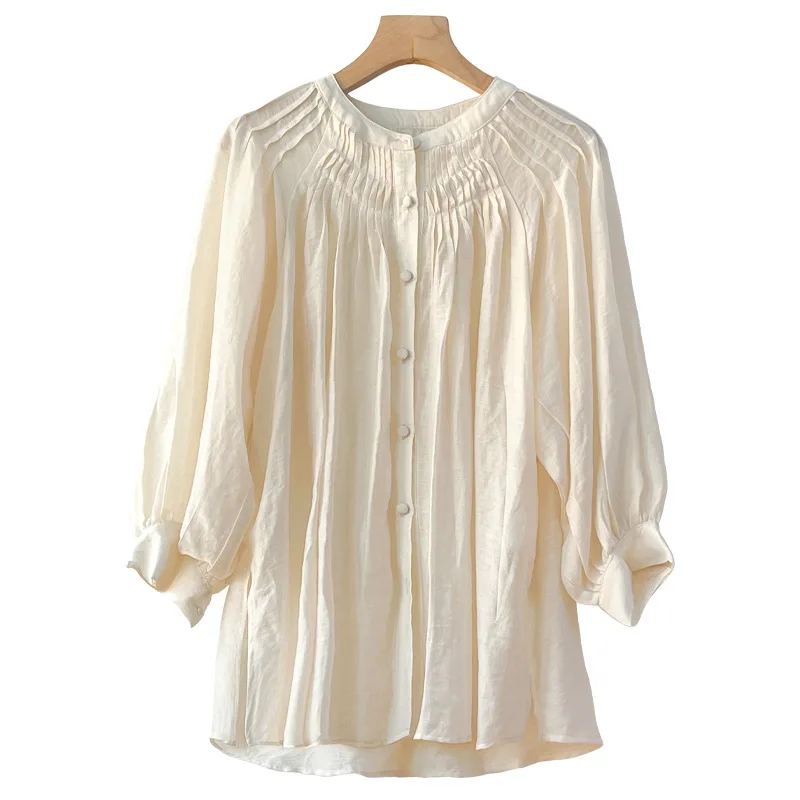 

Plus Size Shirts 2022 Spring Summer High Quality Cotton Shirts Women Pleated Deco 3/4 Sleeve Casual Loose Tops Shirts Ladies