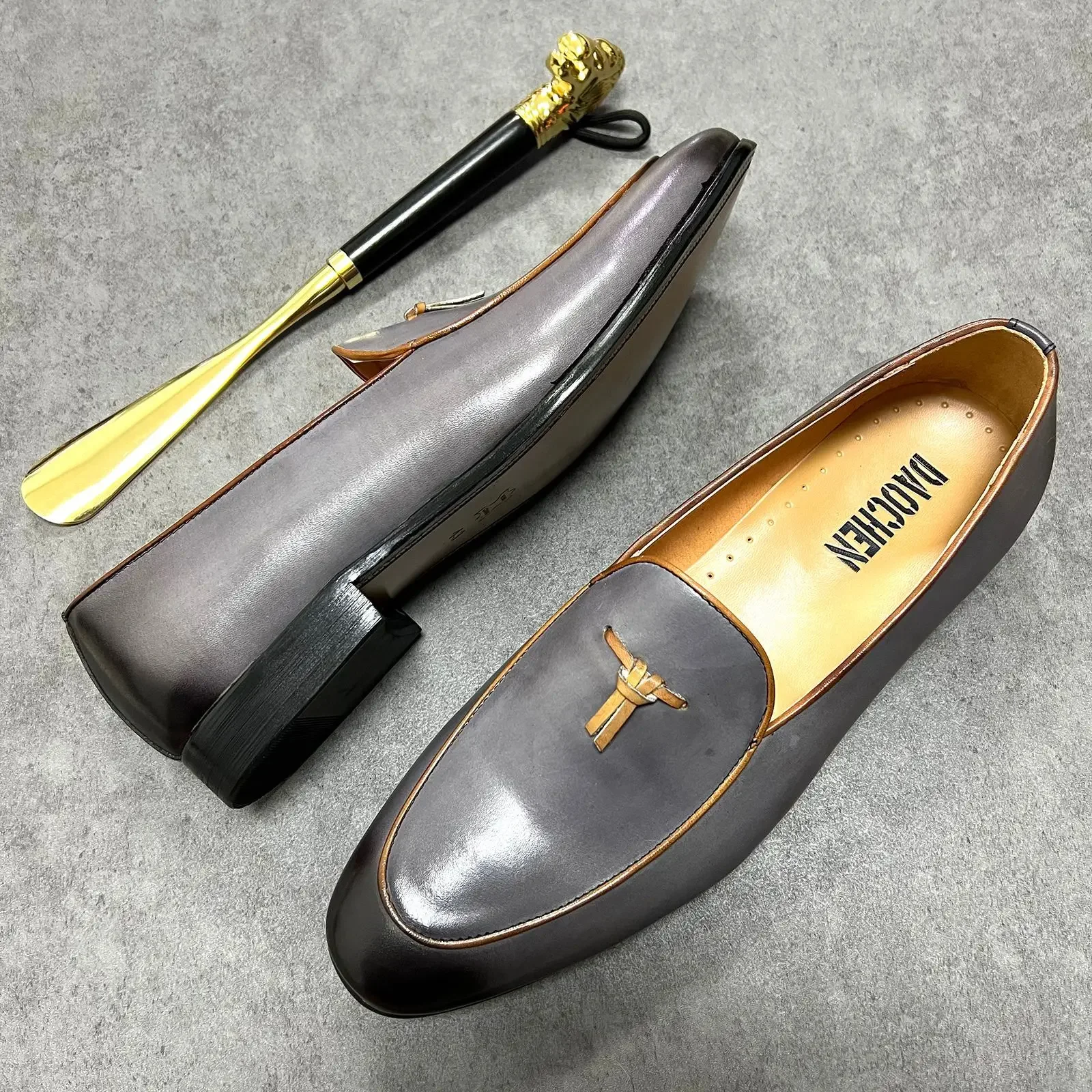 ITALIAN MEN LOAFERS SHOES GRAY HANDMADE SLIP ON TASSEL LOAFERS WEDDING OFFICE SHOES REAL LEATHER CASUAL DRESS MEN SHOES 6