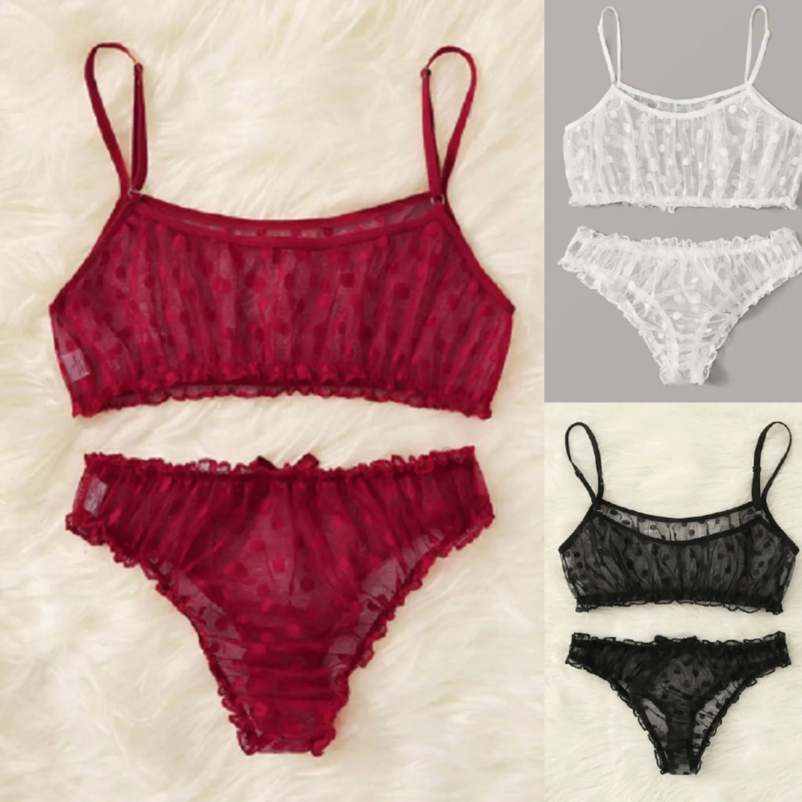 2022 Set di lingerie sexy Reggiseno e mutandine in pizzo con stampa a pois Set di reggiseno intimo donna con volant trasparenti See Through_voghion.com
