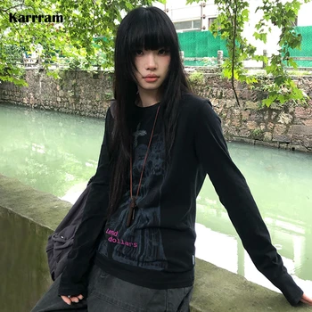 Karrram Japanese Y2k Anime Print T-shirt Vintage Harajuku Long Sleeve Tee Shirt 2000s Aesthetics Streetwear American Retro 90s 1