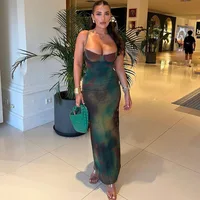 Summer Women Vintage Tie Dye Print Maxi Dress Sexy Backless Cleavage Body-shaping Elegant Spaghetti Strap Robe Party Vestido
