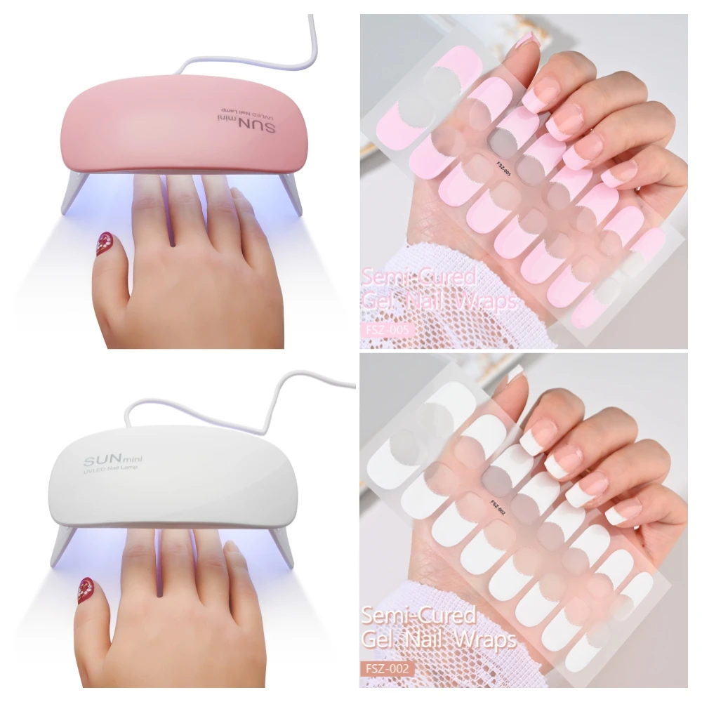 

French UV Semi-Cured Gel Nail Wraps Sticker 16Strips Long Lasting Full Cover LED Lamp Gel Cured Slider Decals For Nail Extension