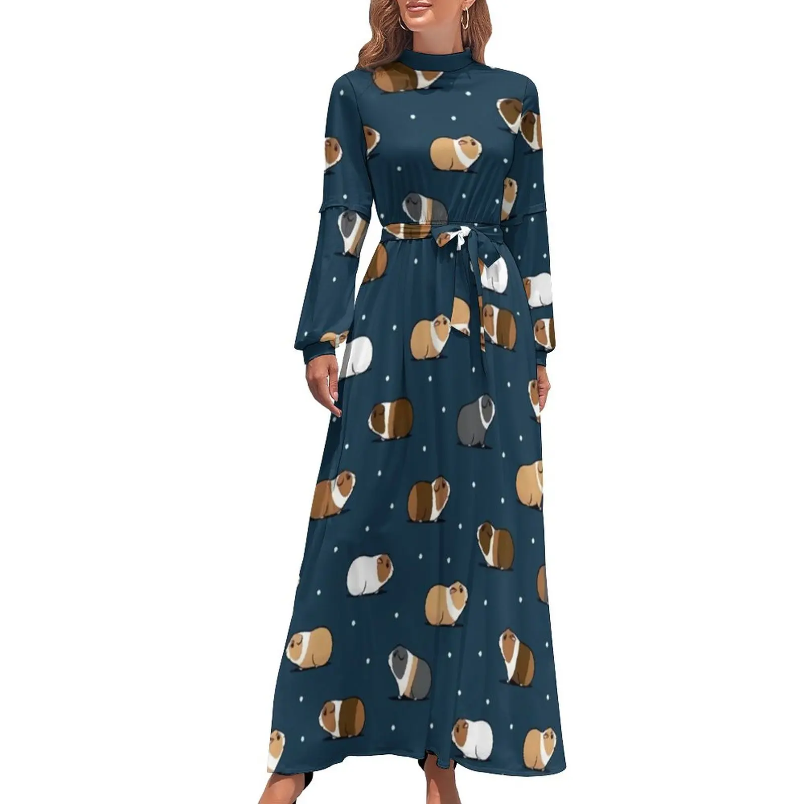 

Little Guinea Pig Dress Long Sleeve Cute Animal Print Party Maxi Dress High Neck Casual Bohemia Long Dresses Birthday Present