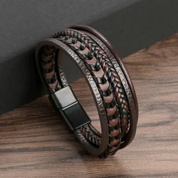 Men's Multi-Layered Vintage Leather Braided Bracelet with Magnetic Alloy Buckle - 56-58mm (Brown)