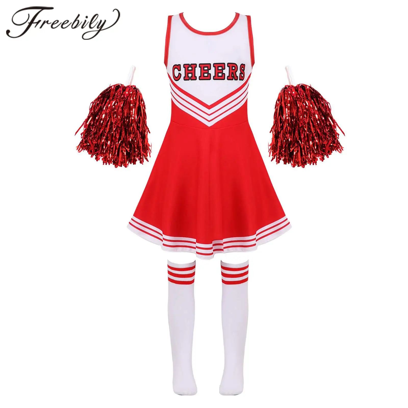 Cheerleader Costume for School Girls, Cheer Uniforms, Outfits for Halloween Cosplay, Cheerleading Dance Dress with Socks