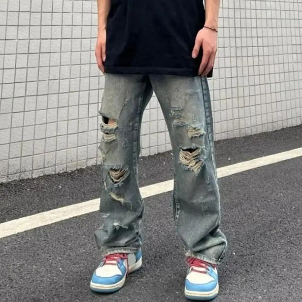 

Distressed Washed Jeans Hip Hop Style Jeans Streetwear Men's Ripped Hole Wide Leg Jeans with Distressed Details Multi Pockets