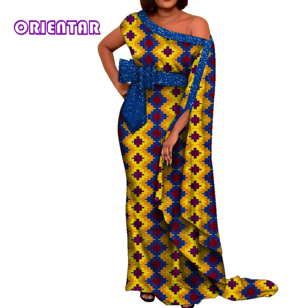 African Print Dresses Women One Split Sleeve Sequin Boat Neck Evening