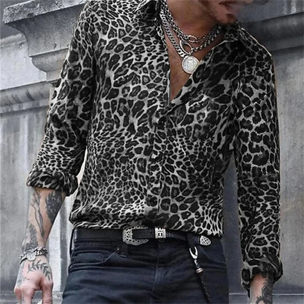 

Hot selling fashion luxury leopard print men's shirt single breasted printed long sleeved men's street Hawaiian top Plus size