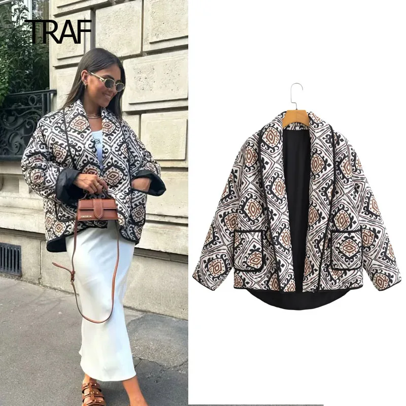 

TRAF Print Short Padded Jacket Demi-Season Women's Coat 2023 Long Sleeve Quilted Jacket New In Outerwears High Quality Cardigan