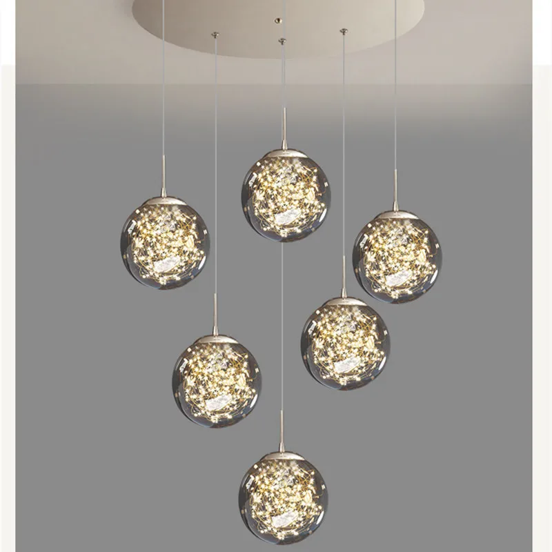 

Modern spiral staircase lighting chandelier long chandelier living room villa kitchen loft glass ball LED string chandelier