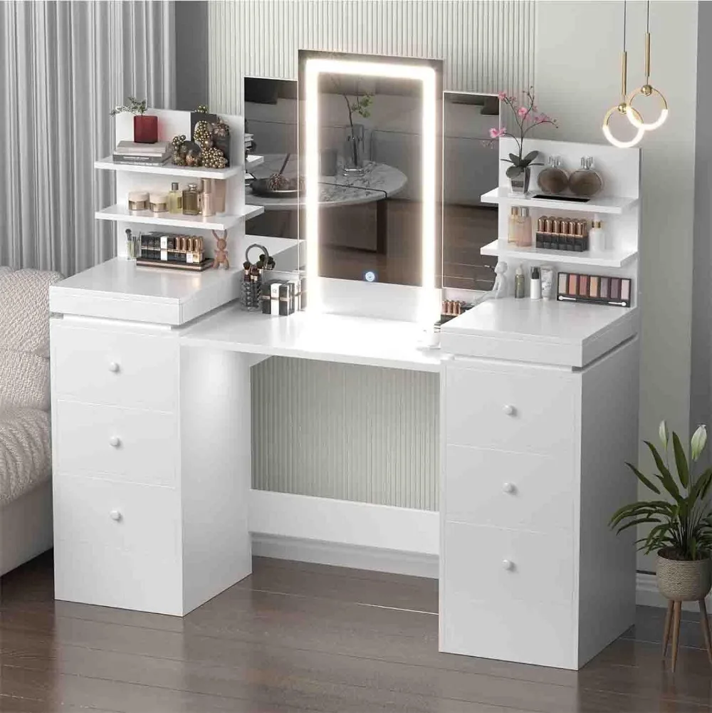 

57.1" W Vanity Makeup Table with Lighted Mirror Table with Tri-Folding Mirror, 8 Drawers, 3 Light Modes, Open Storage Shelves