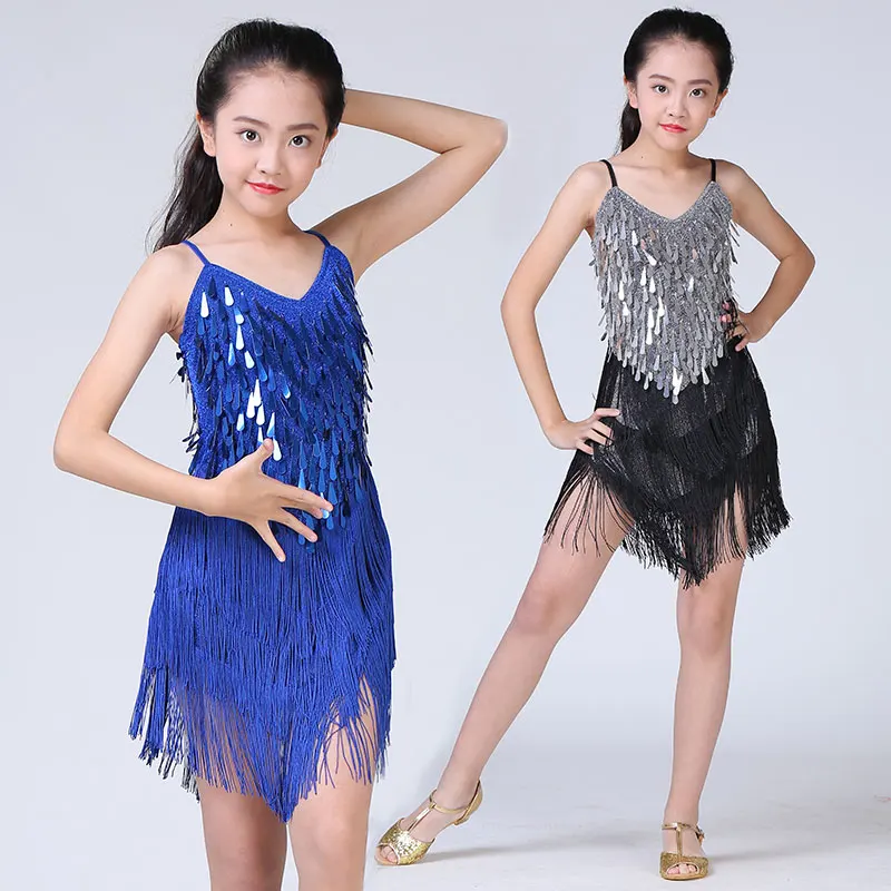 

Детское платье для латиноамериканских танцев, танцевальное платье с бахромой и блестками для девочек, танцевальная одежда для выступлений и выступлений, одежда для латиноамериканских танцев