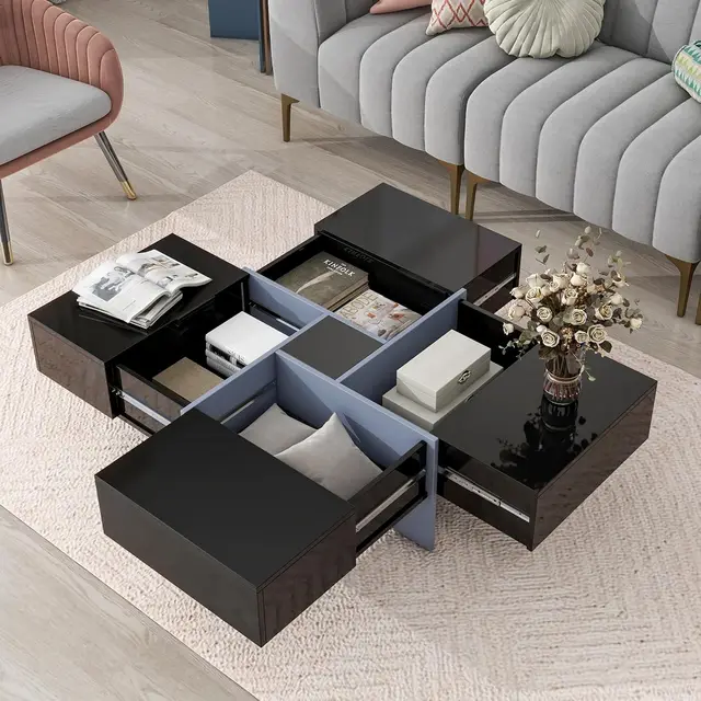 Modern Coffee Table With 4 Hidden Storage Compartments,Living Room Center Table With Unique Design,Square Coffee Table With