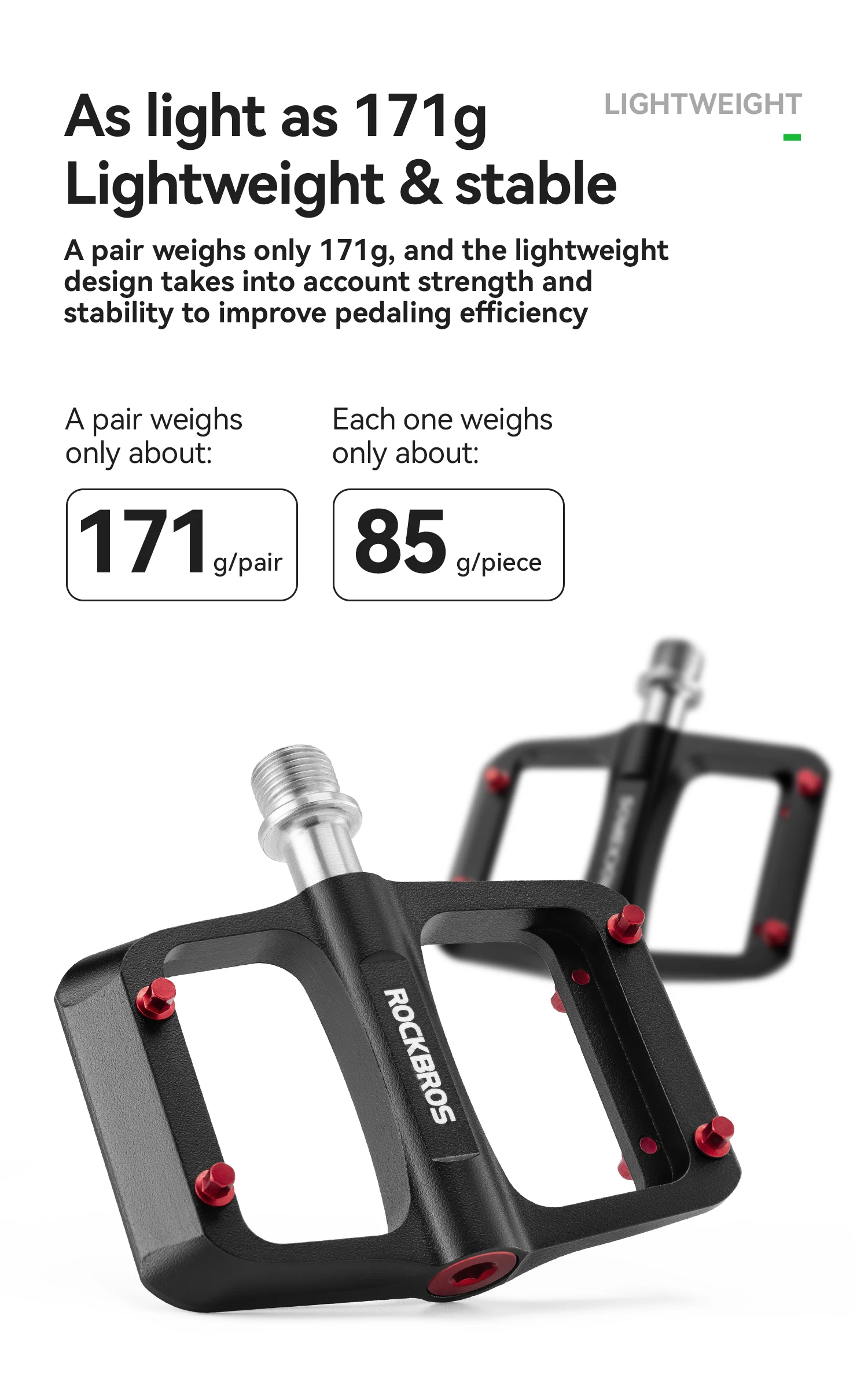 ROCKBROS Fahrradpedale links/rechts, leichtes Pedal, 3 Lager, Rennradpedal, verbreitertes Pedal aus Magnesiumlegierung, ultraleicht, 171 g – Detail 5