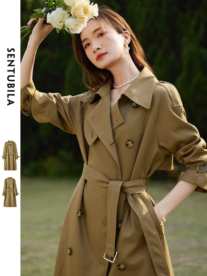 SENTUBILA Women's Belted Trench Coat Elegant Long Windbreaker