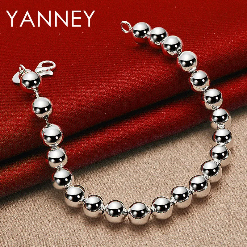 

925 Sterling Silver Glossy 8MM 8 Inches Bead Chain Bracelet Fashion Women Men Jewelry Luxury Engagement Wedding Gift Party