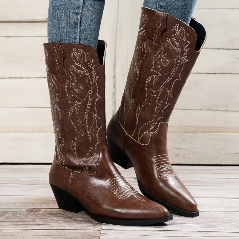 

Women Boots Mid Calf Western Cowboy Motorcycle Boots Autumn Outdoor PU Leather Totem Med-Calf Boots Retro Designed Women Shoes