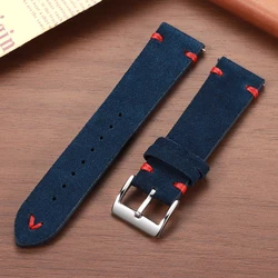 Vintage Genuine Suede Leather Quick Release Watch Strap - Handmade Unisex Sport Bracelet - Black Buckle (Blue Red)
