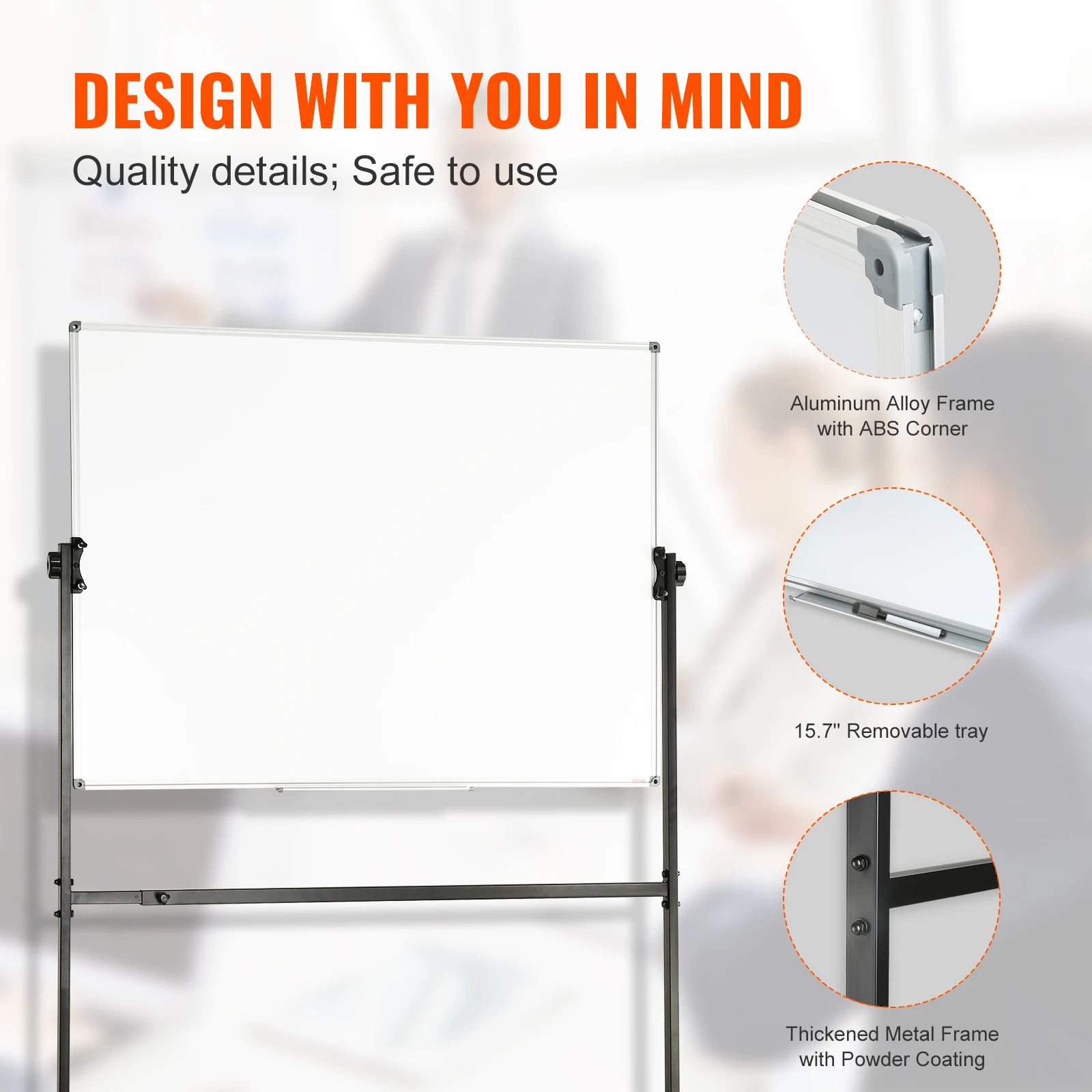 VEVOR Rolling Whiteboard 48x32 inch Double-Sided Magnetic Mobile Whiteboard 360&deg; Reversible Adjustable Height Dry Erase Board