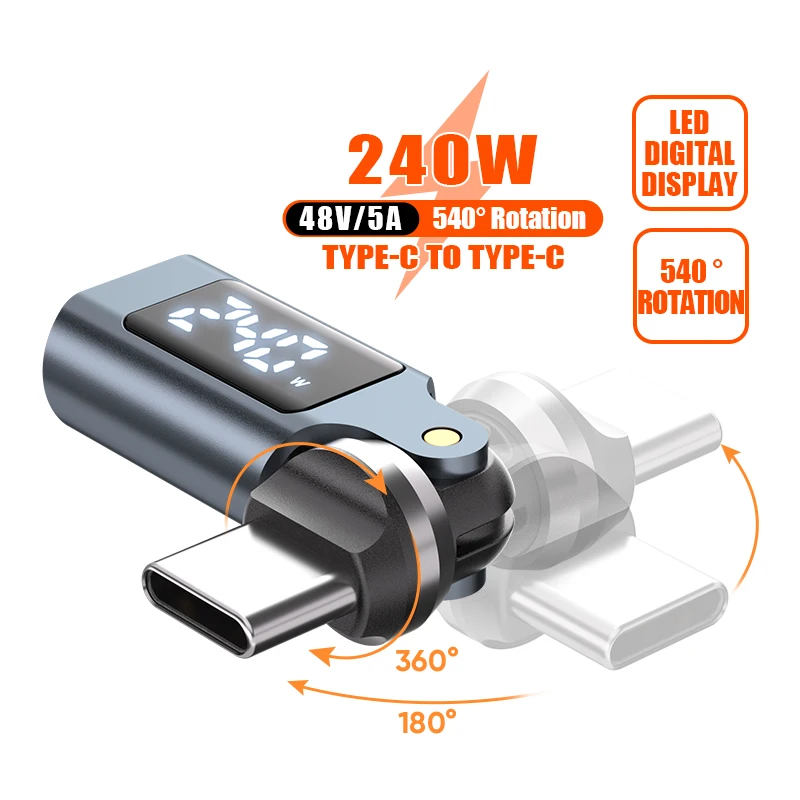 Adaptador de Rotación Tipo-C a Tipo-C Macho a Hembra PD240W 540° con Pantalla Digital OTG, Convertidor de Carga Rápida 5A para iPhone 16 y MacBook