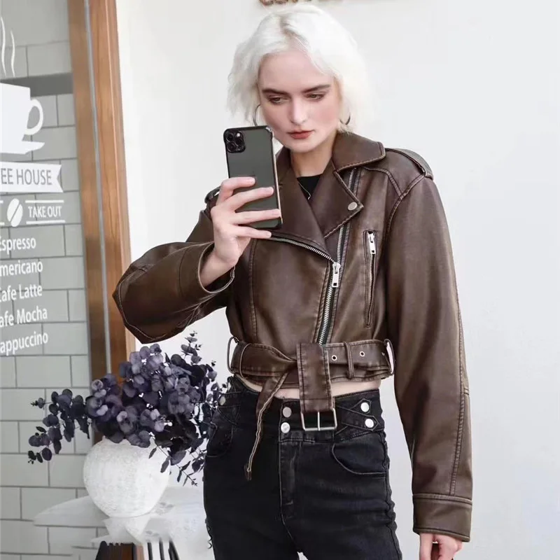 

Женская короткая мотоциклетная куртка из ПУ кожи, повседневная Осенняя винтажная куртка на Косой молнии, 2024