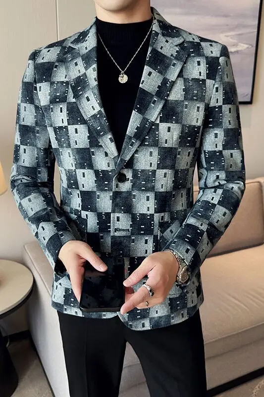 Korean Jacquard Denim Jacket Men Autumn Winter Casual Business Men Blazers Slim Fit Wedding Social Dress Coat Clothing