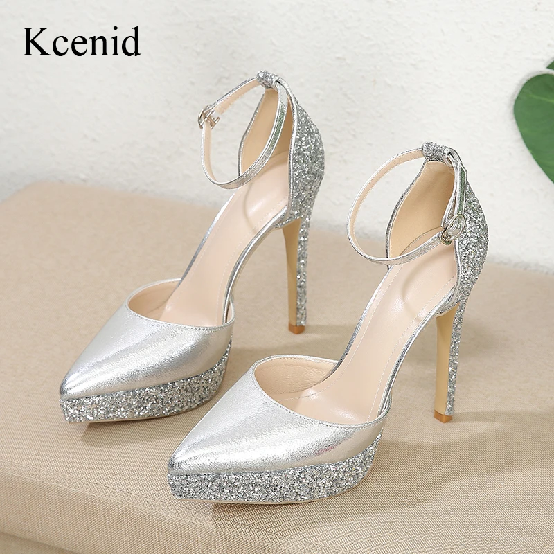 

Kcenid Fashion Sequined Cloth Pointed Toe Women Pumps Sandals Stiletto High Heels Sexy Buckle Strap Ladies Dress Wedding Shoes